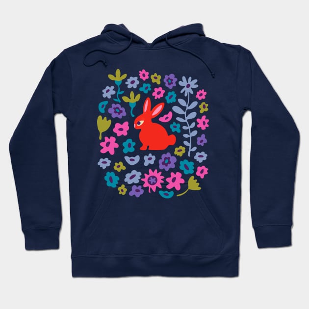 BUNNY RABBIT Cute Baby Animal with Flowers in Bright Red - Kids Easter Spring and 2023 Year of the Rabbit - UnBlink Studio by Jackie Tahara Hoodie by UnBlink Studio by Jackie Tahara